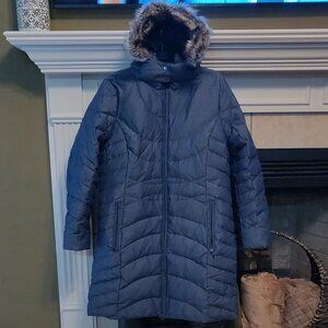 Eddie Bauer Women's EB650 Down Puffer Fur Hooded Parka Coat Blue XL
